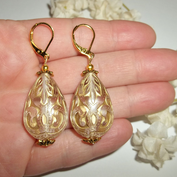 Gold and Clear Statement Earrings Teardrop 4074 - Picture 2 of 7